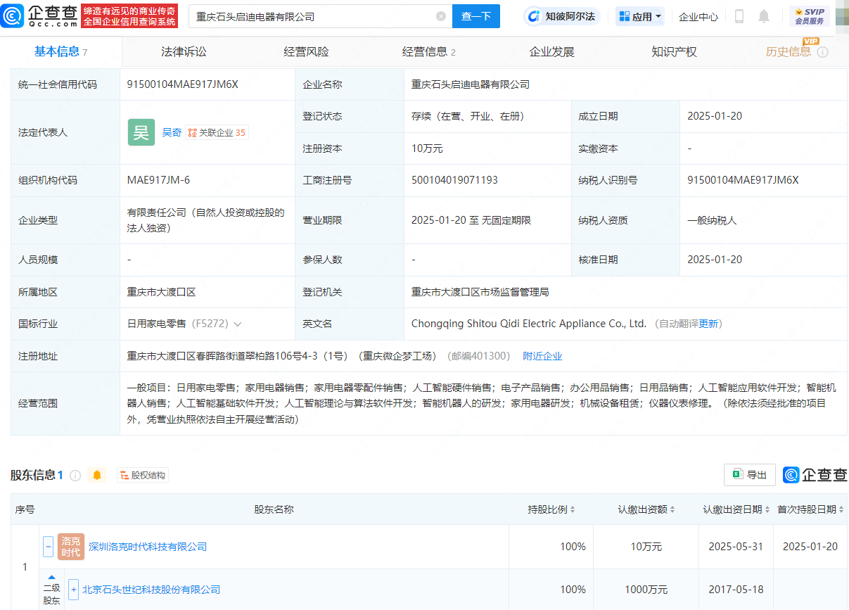 石頭科技布局新領(lǐng)域，新設(shè)電器公司涉足智能機(jī)器人銷售:電器銷售公司